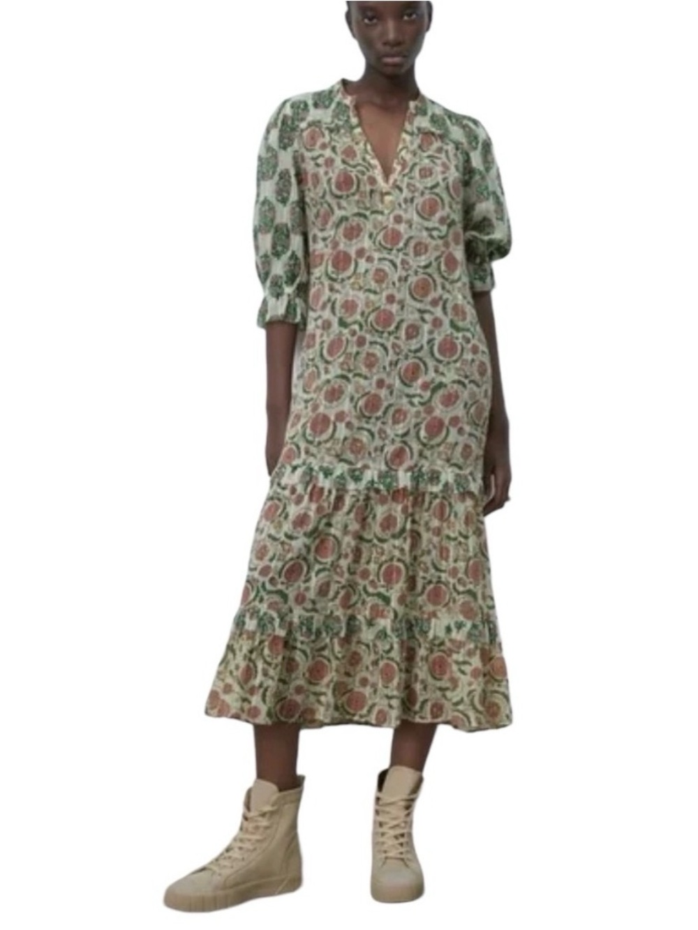 Zara Green and Rust Floral Midi Dress with Puff Sleeves